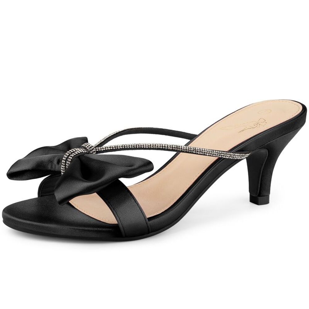Rhinestone Strap Bow Kitten Heels Slide Sandals Black